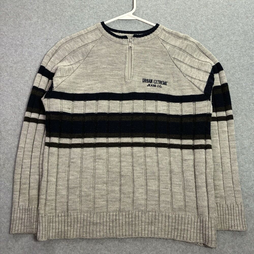 Men’s L Urban Extreme Street Sports 1/4 Zip Sweater Beige Navy Stripe Knit Retro